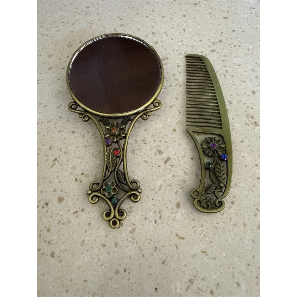Vtg Style Hand Held Vanity Mirror Matching Comb Set Floral/Butterfly Rhinestone